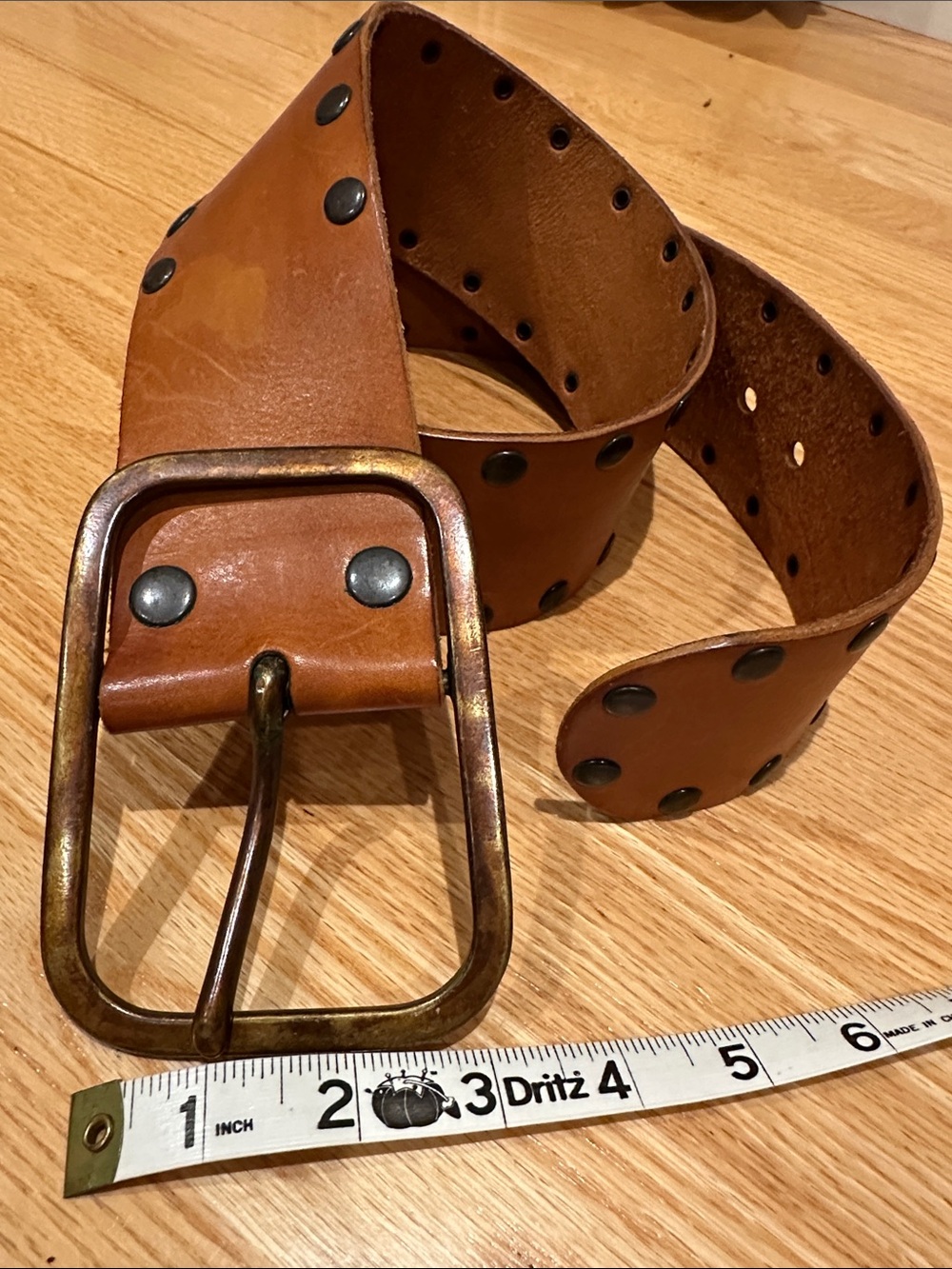Vintage Arden B Brown Studded Leather Belt with Antique Brass Buckle - Picture 1 of 5